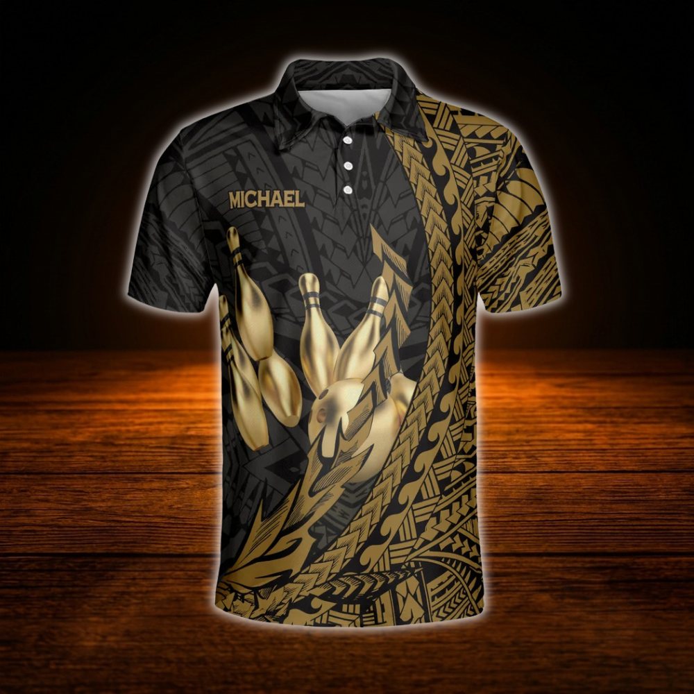 Custom Tribal Black And Gold Bowling Polo Shirts Mens, Custom Tribal Bowling Team Shirts.