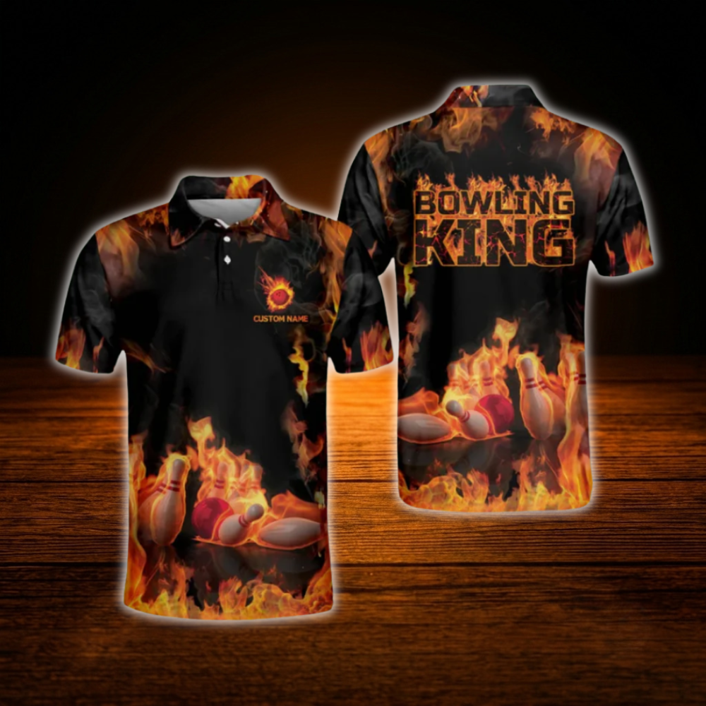 Custom Flame Bowling King Bowling Polo Shirts For Men, Custom Flame Bowling Team Shirts