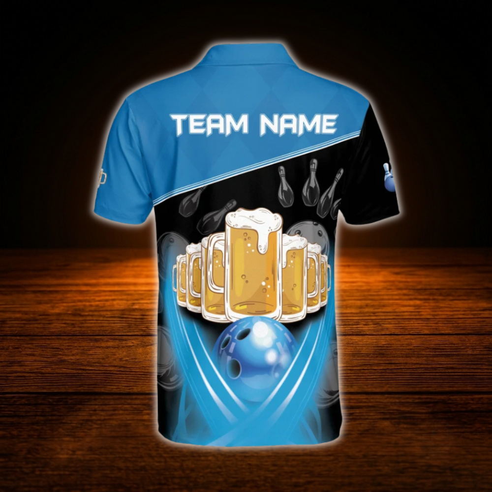 Beer Custom Blue And Black Bowling Polo Shirts For Men, Custom Beer Team Bowling Shirts