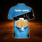 Beer Custom Blue And Black Bowling Polo Shirts For Men, Custom Beer Team Bowling Shirts