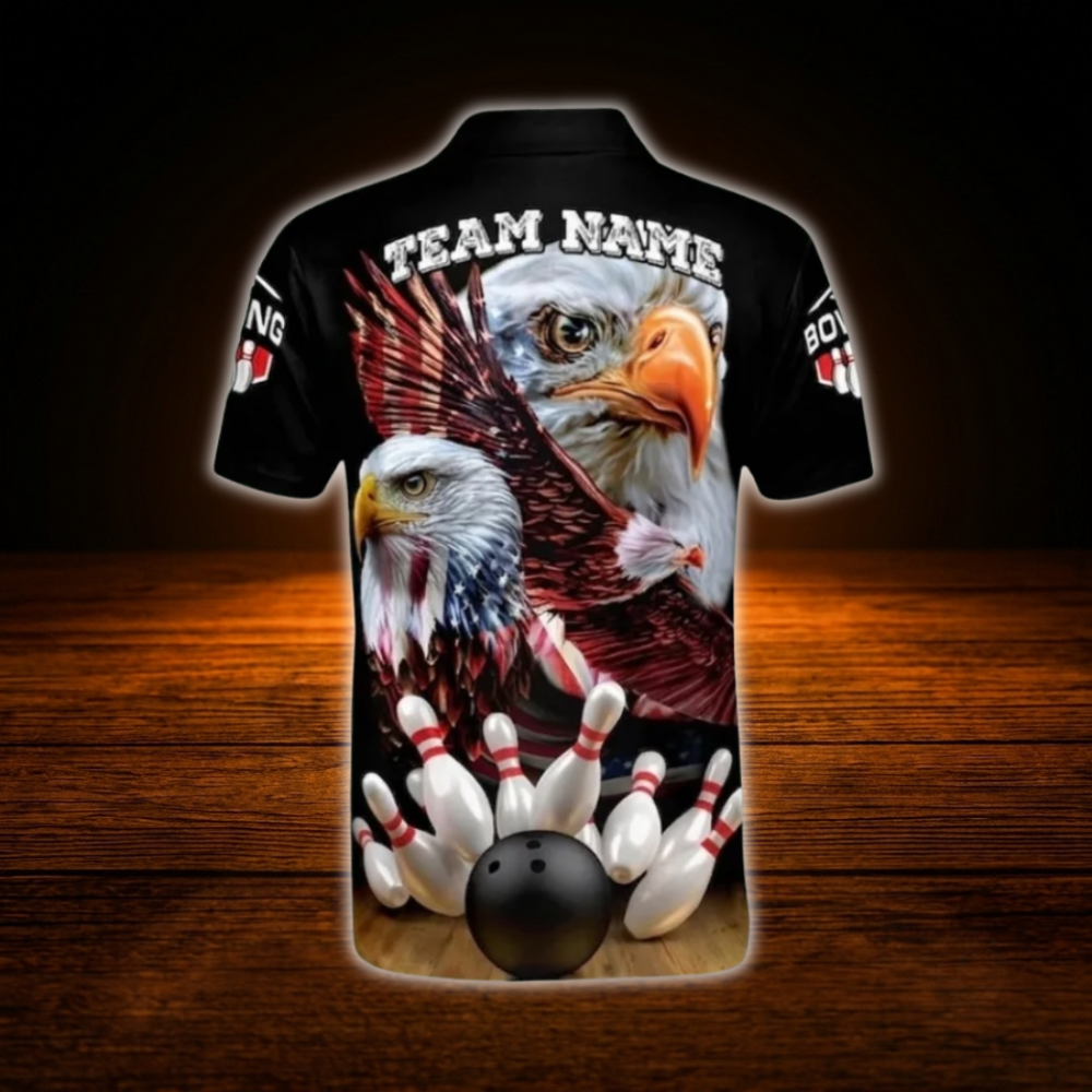 Custom Eagles American Flag Bowling Polo Shirts For Men, Custom Eagles Bowling Team Shirts