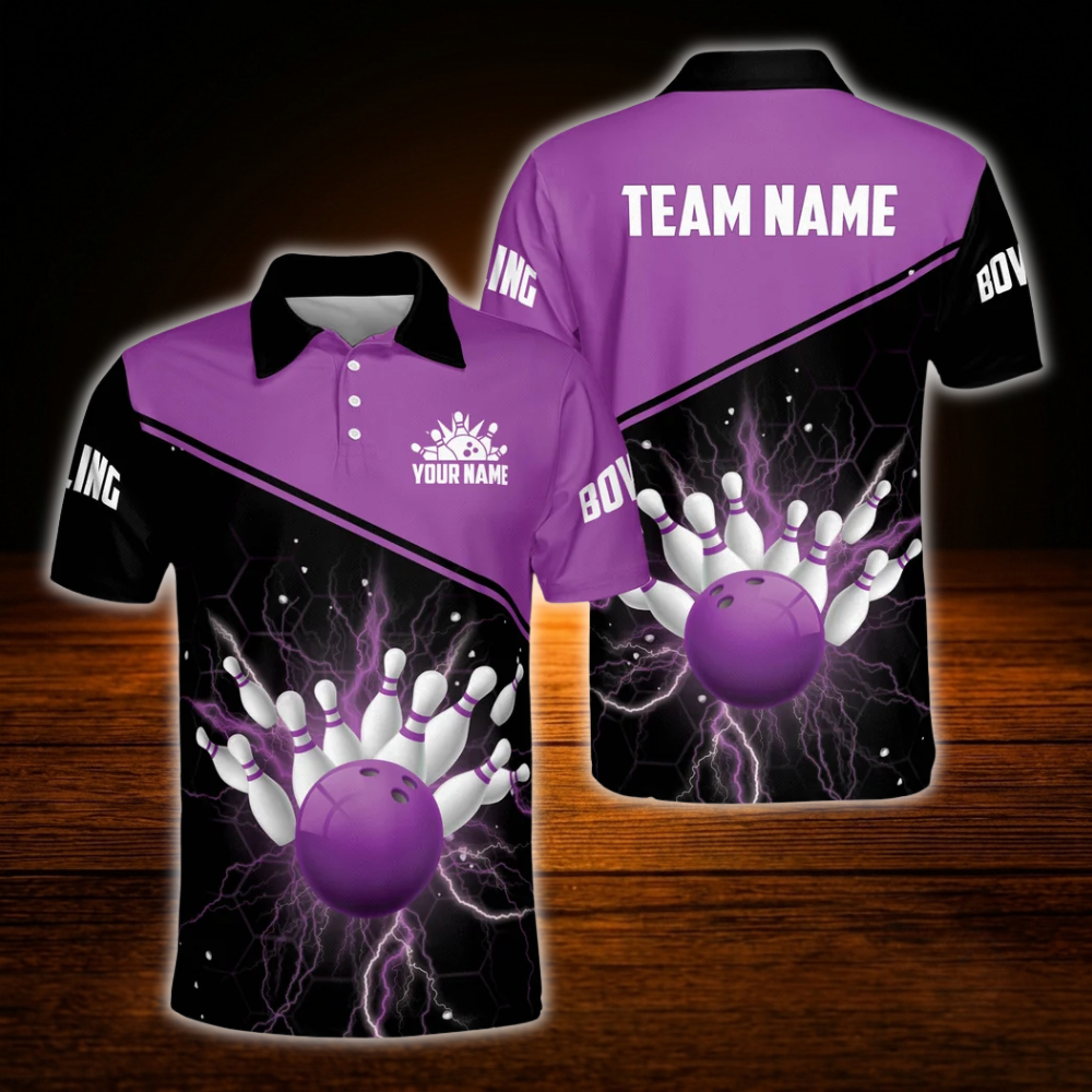 Custom Team Thunder Red Black Bowling Polo Shirts Men, Custom Bowling Team Shirts