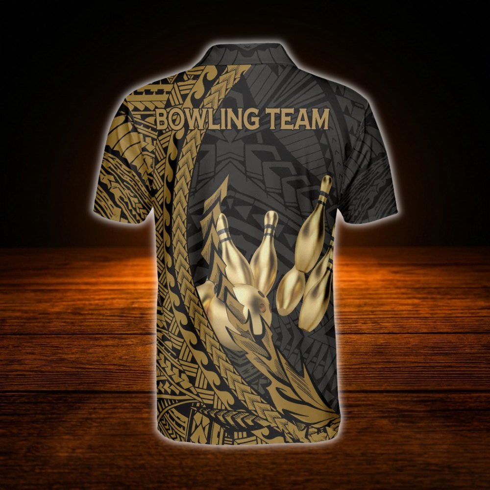 Custom Tribal Black And Gold Bowling Polo Shirts Mens, Custom Tribal Bowling Team Shirts.