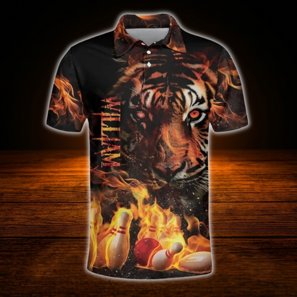 Custom Tiger Flame Bowling Polo Shirts Mens, Custom Tiger Team Bowling Shirts