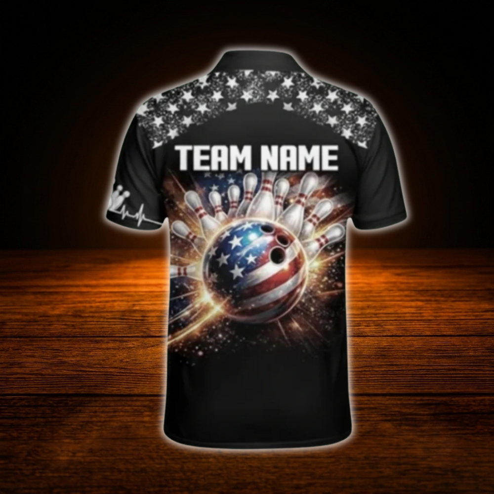 Custom American Flag Ball Polo Bowling Shirts For Men, Custom Patriotic Bowling Shirts Team