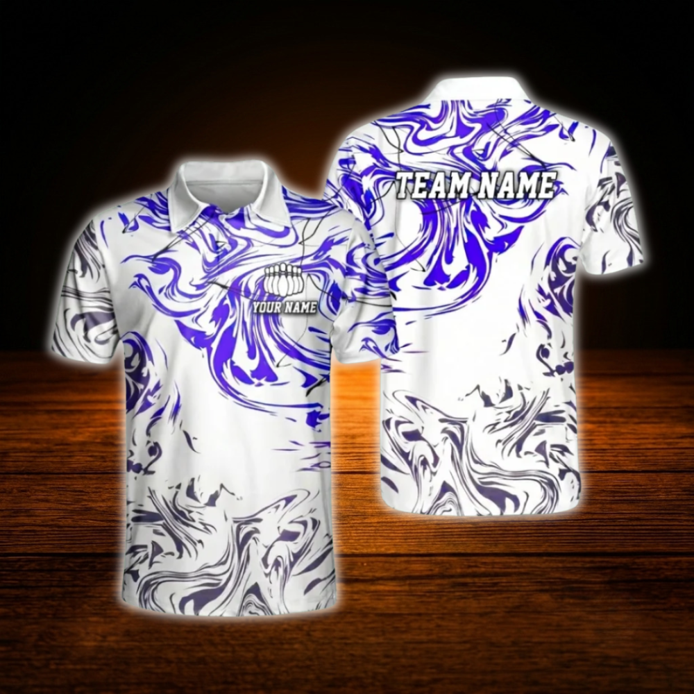 Custom Team White Purple Abstract Bowling Polo Shirts Mens, Custom Team Bowling Shirts