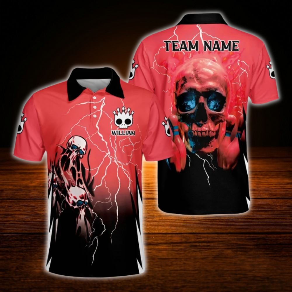 Custom Skull Red And Black Thunder Bowling Polo Shirts For Men, Custom Skull Bowling Team Shirts