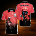Custom Skull Red And Black Thunder Bowling Polo Shirts For Men, Custom Skull Bowling Team Shirts