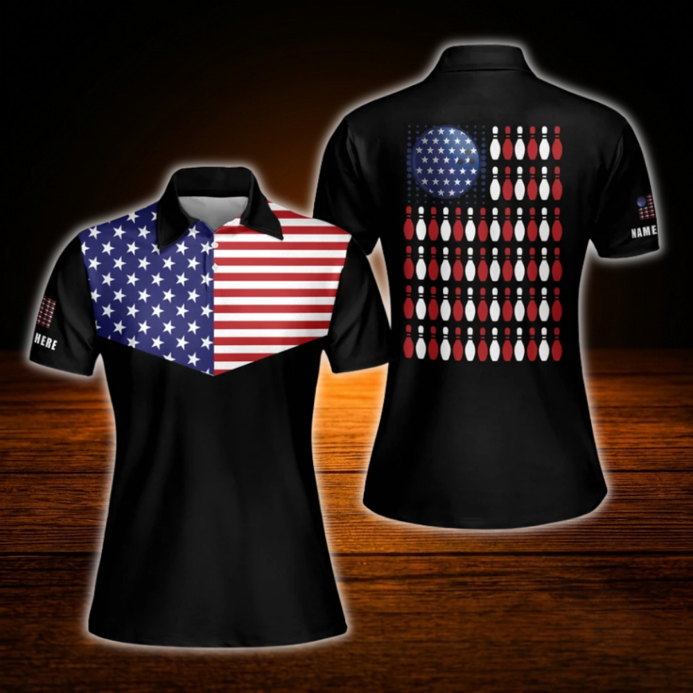 Custom American Flag Bowling Polo Shirts For Women, Custom Patriotic Bowling Shirts Ladies