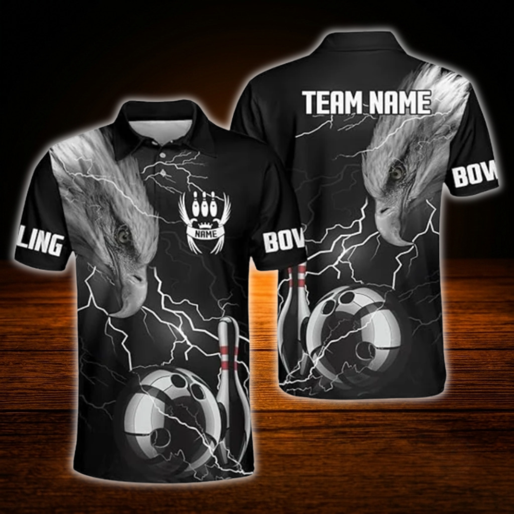 Custom Eagles Thunder Black And White Bowling Polo Shirts For Men, Custom Eagles Bowling Team Shirts