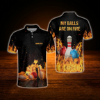 Custom My Balls Are On Fire Bowling Polo Shirts Mens, Custom Funny Flame Bowling Shirts