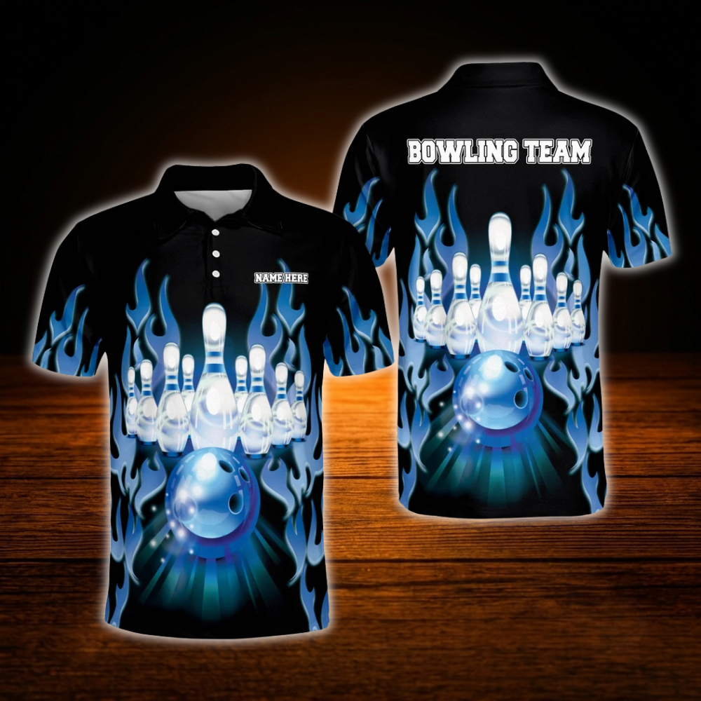 Custom Red Flame Bowling Polo Shirt Mens, Custom Flame Bowling Team Shirt