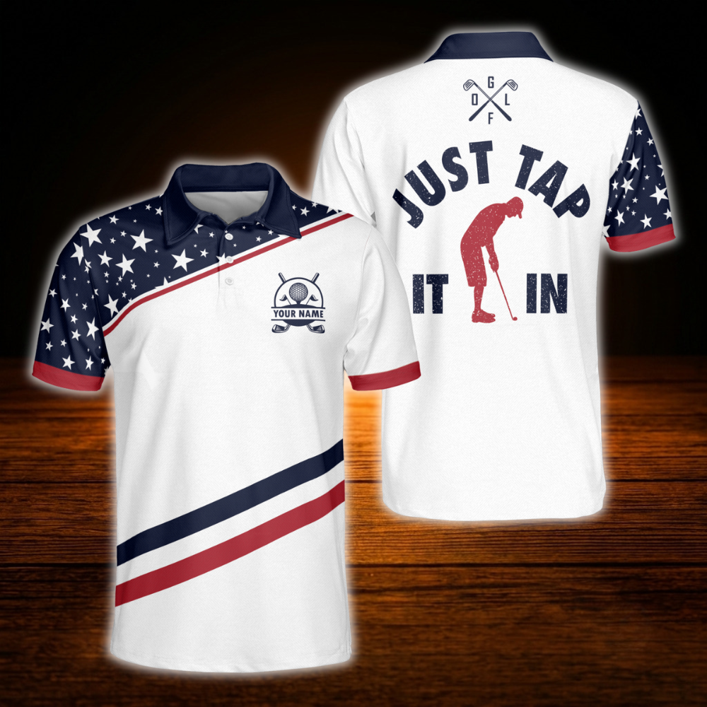 Just Tap It In Custom Red White and Blue Golf Mens Polo Shirt, Custom Funny Golf Shirt
