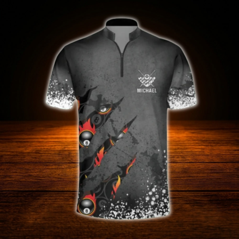 Custom Flaming 8 Ball Grey Billiard Jersey For Men, Custom Billiard Team Shirt