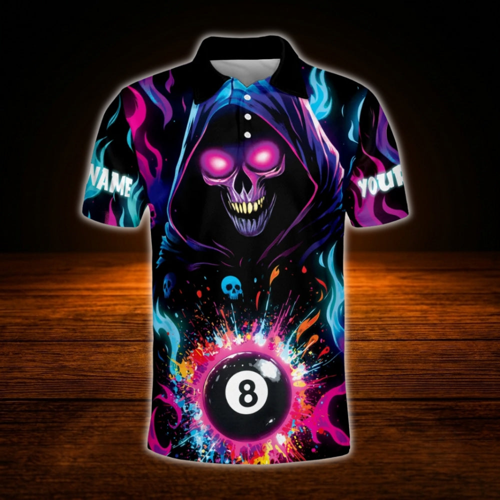 Custom Skeleton Colorful 8 Ball Billiard Polo Shirt For Men, Custom Skull Billiard Shirt Team