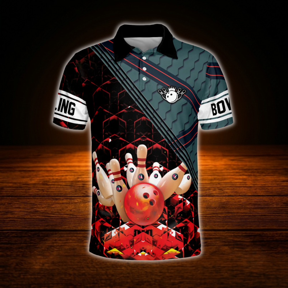 Men's Bowling Hexagon Teal Red Polo Shirt, Bowling Shirt For Men