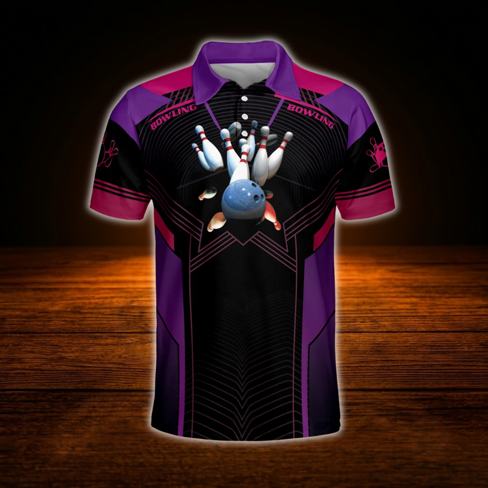 Custom Name Black Purple Bowling Polo Shirt For Men, Custom Bowling Shirt