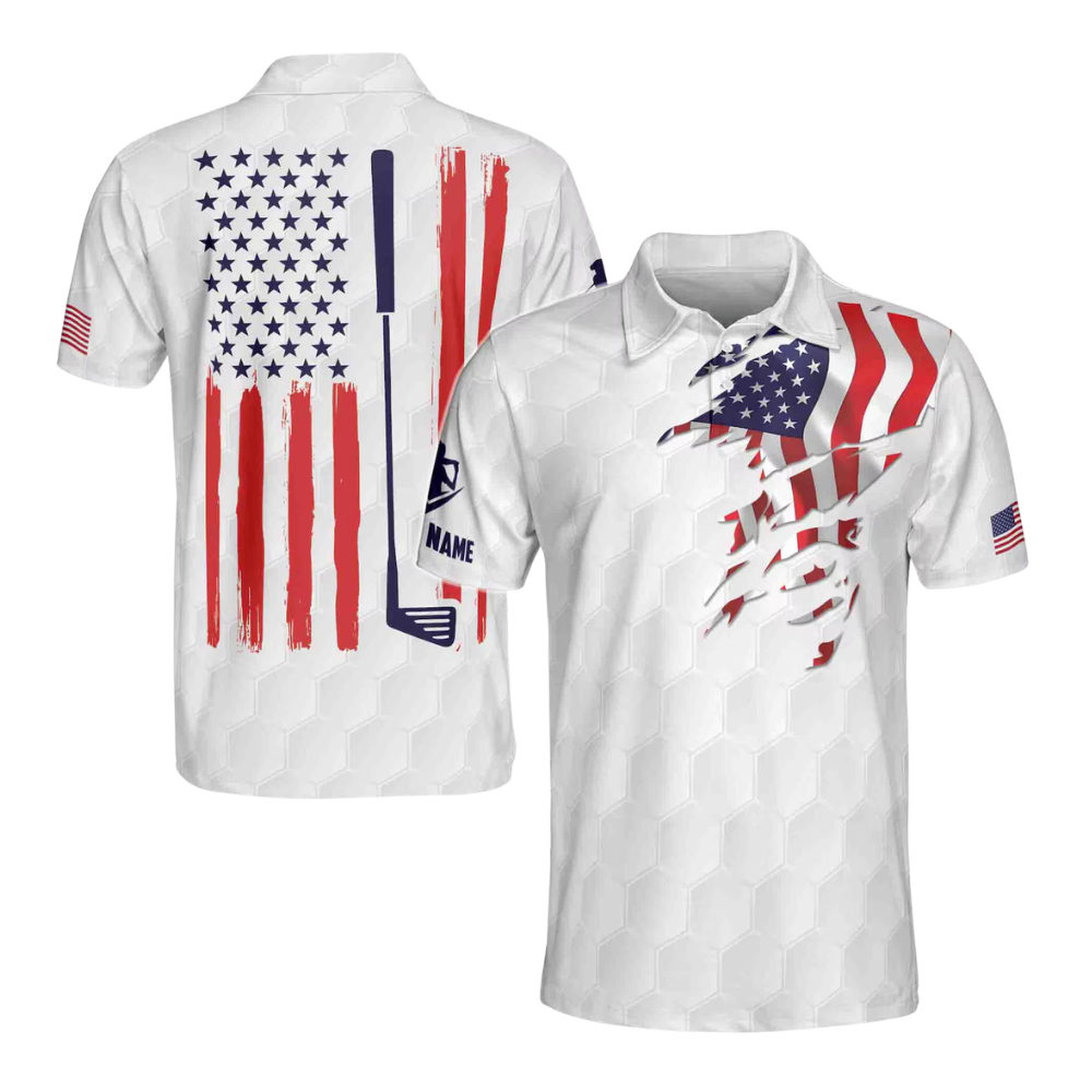 Custom American Flag White Golf Polo Shirt For Men, Custom Patriotic Golf Shirts GE0078