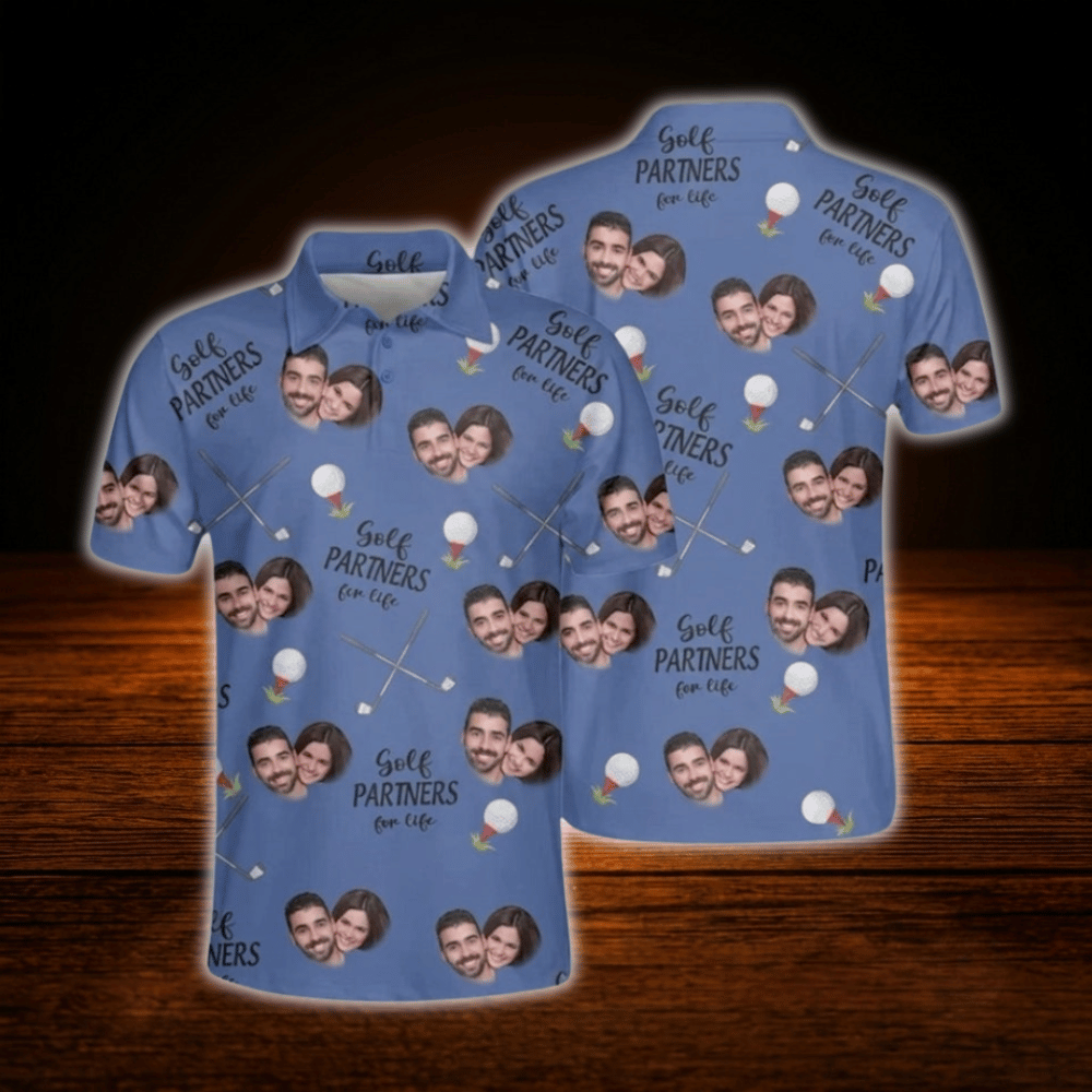 Golf Partners For Life Custom Face Matching Golf Polo Shirt For Men And Women, Custom Photo Couples Golf Shirts