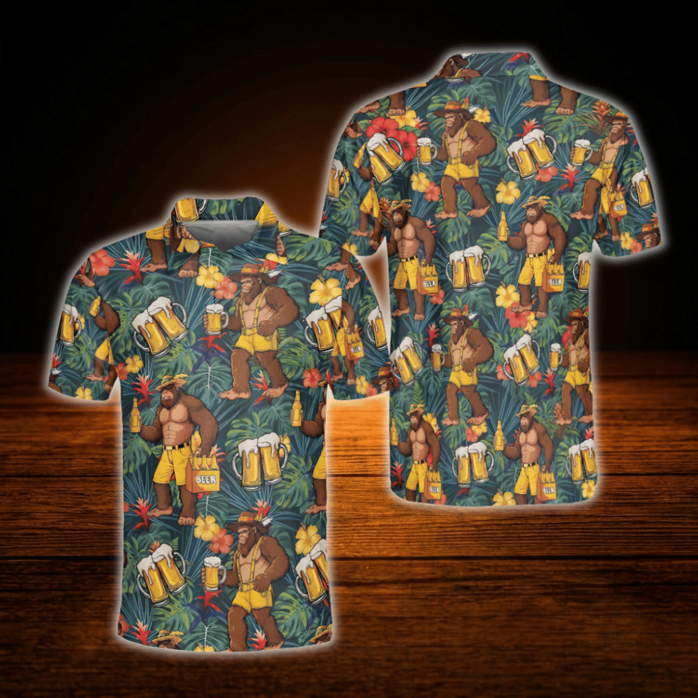 Funny Beer Bigfoot Tropical Men's Golf Polo Shirt, Bigfoot Golf Shirt