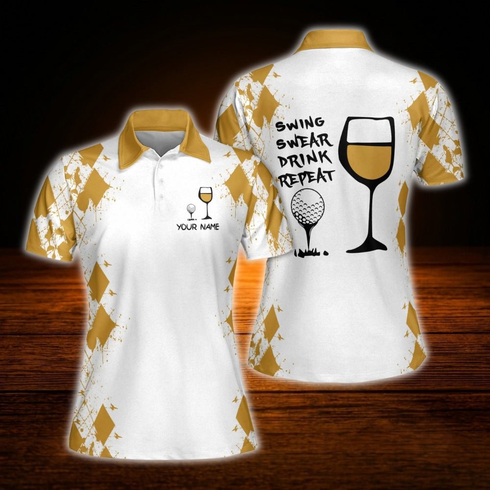 Personalized Swing Swear Drink Repeat Wine Women  Golf Polo Shirts, Custom Funny Golf Shirts For Ladies