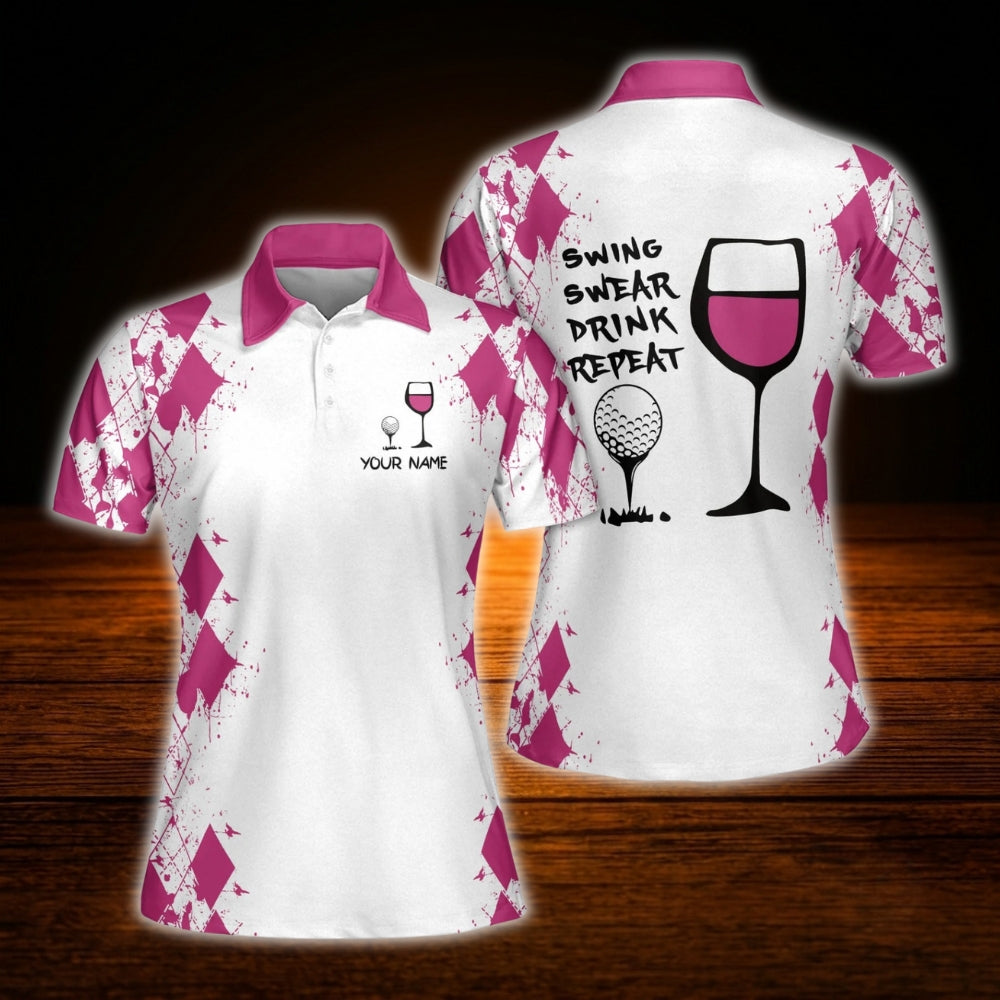 Personalized Swing Swear Drink Repeat Wine Women  Golf Polo Shirts, Custom Funny Golf Shirts For Ladies