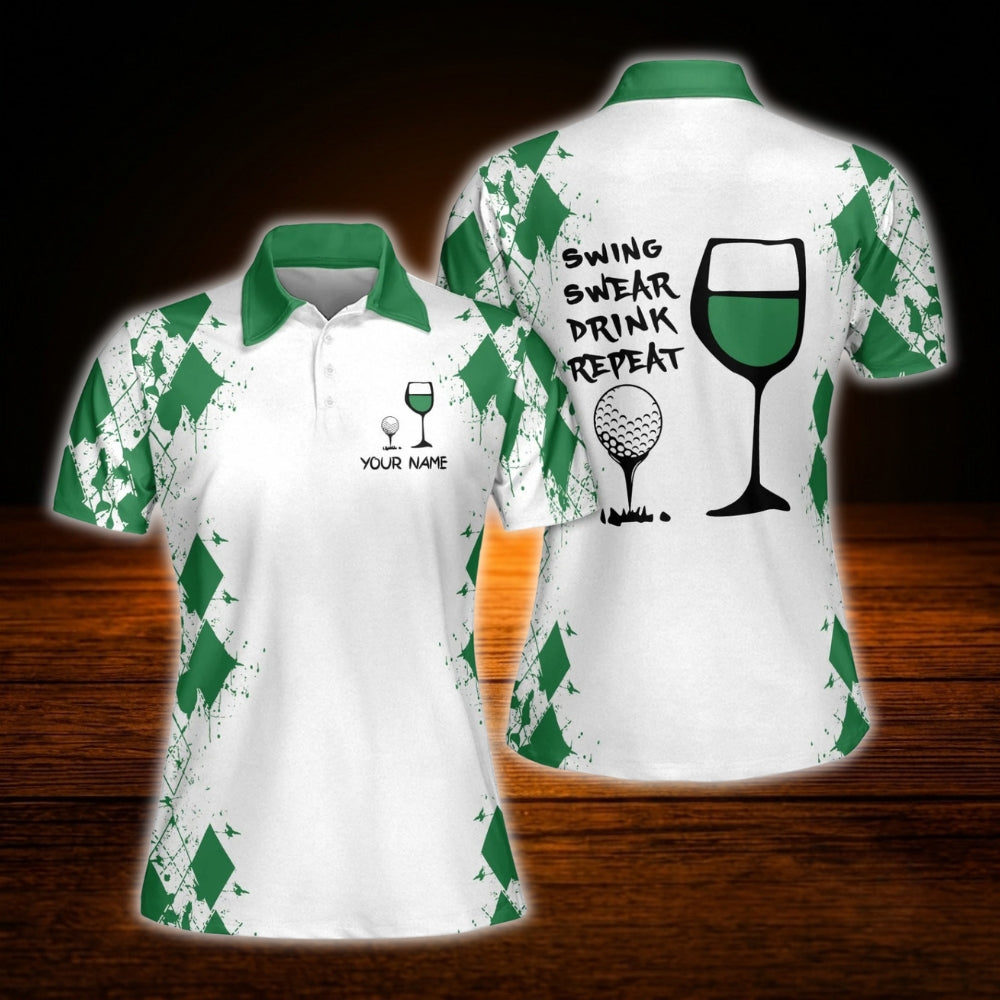 Personalized Swing Swear Drink Repeat Wine Women  Golf Polo Shirts, Custom Funny Golf Shirts For Ladies