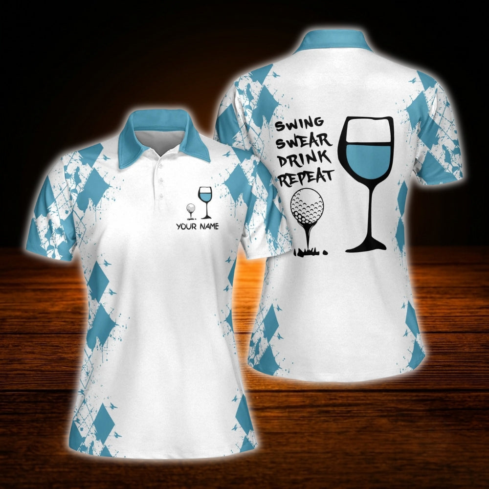 Personalized Swing Swear Drink Repeat Wine Women  Golf Polo Shirts, Custom Funny Golf Shirts For Ladies