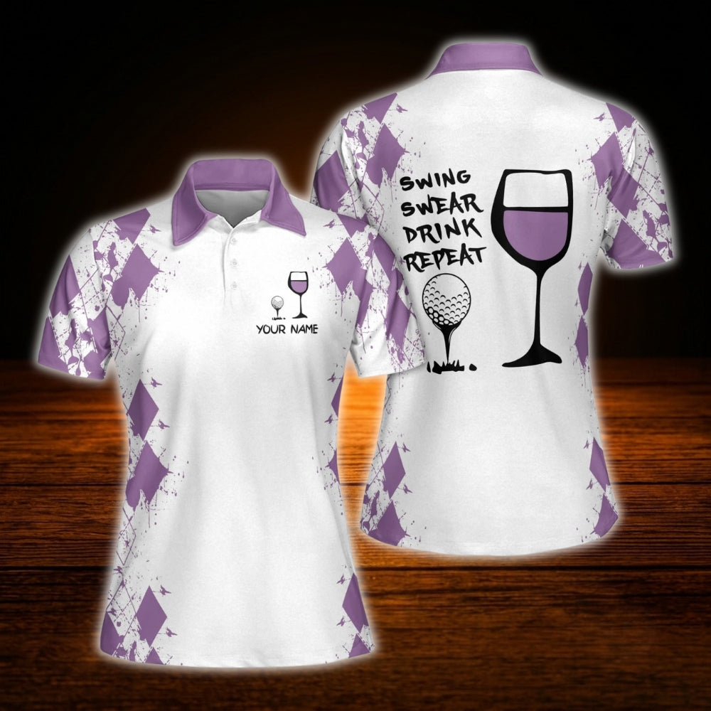 Personalized Swing Swear Drink Repeat Wine Women  Golf Polo Shirts, Custom Funny Golf Shirts For Ladies