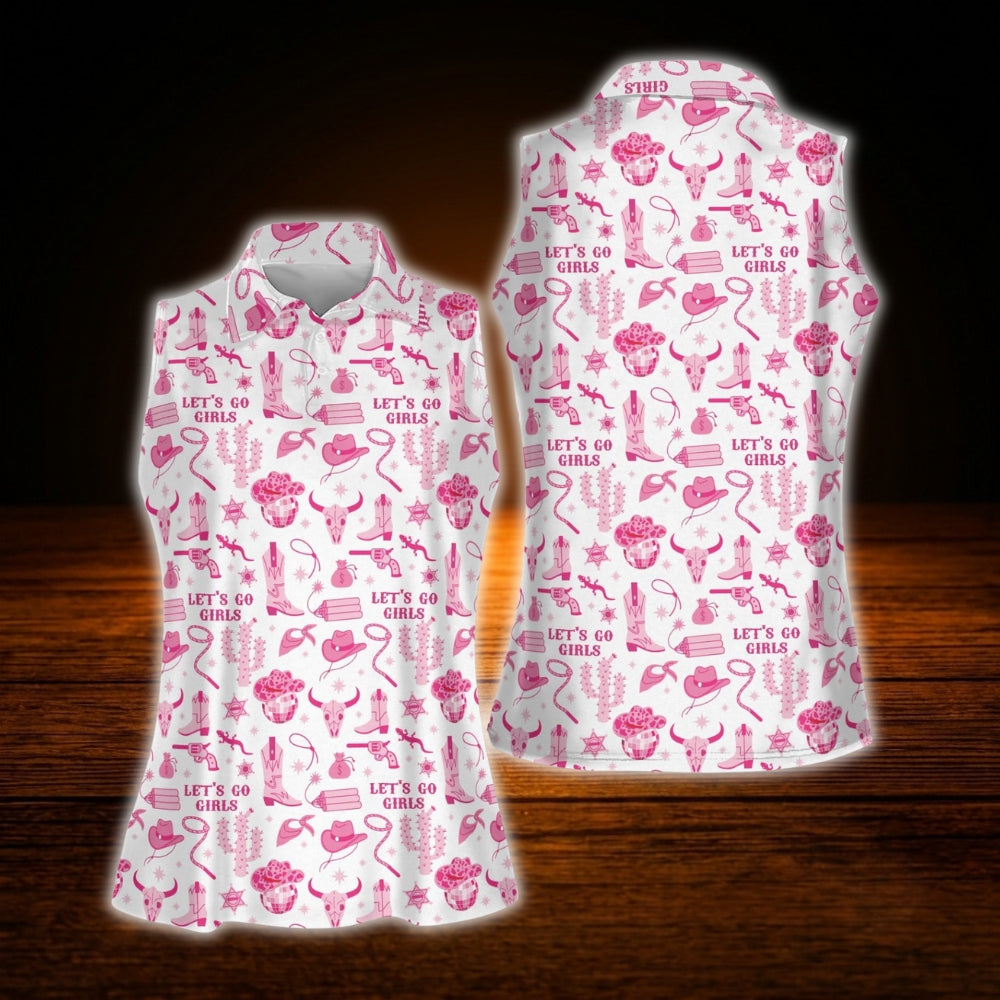Let's Go Girl White And Pink Cowgirl Women's Sleeveless Golf Shirt, Western Golf Shirt For Ladies