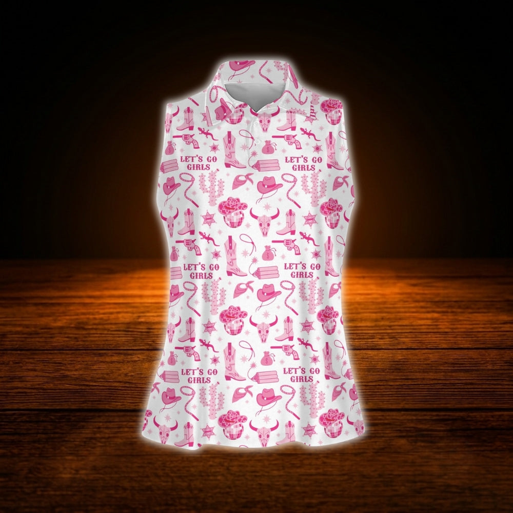 Let's Go Girl White And Pink Cowgirl Women's Sleeveless Golf Shirt, Western Golf Shirt For Ladies