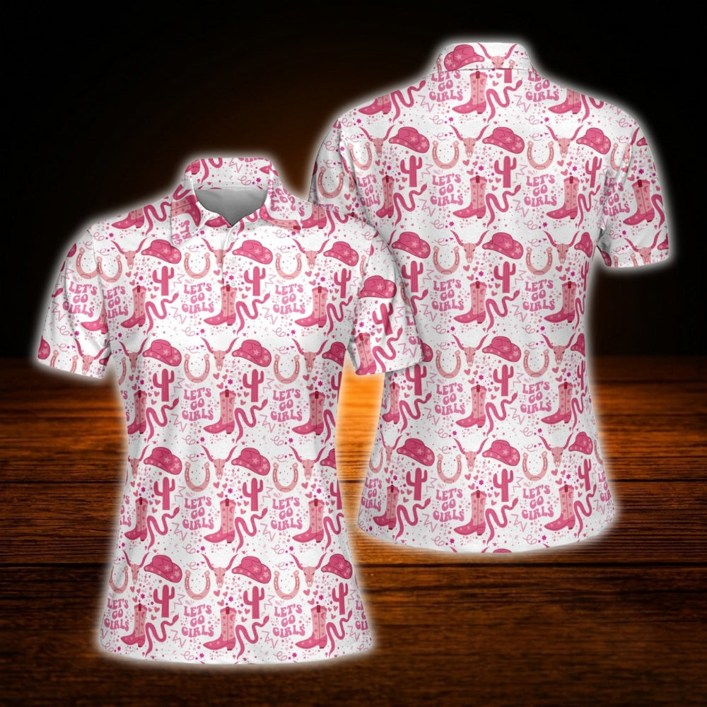 Let's Go Girl White And Pink Cowgirl Women's Polo Golf Shirts, Western Golf Shirts For Ladies