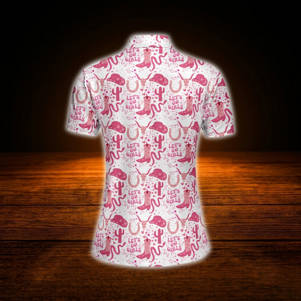 Let's Go Girl White And Pink Cowgirl Women's Polo Golf Shirts, Western Golf Shirts For Ladies