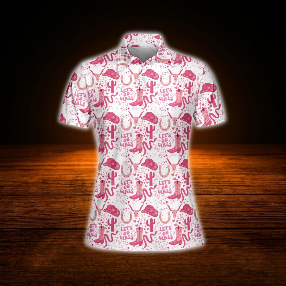 Let's Go Girl White And Pink Cowgirl Women's Polo Golf Shirts, Western Golf Shirts For Ladies
