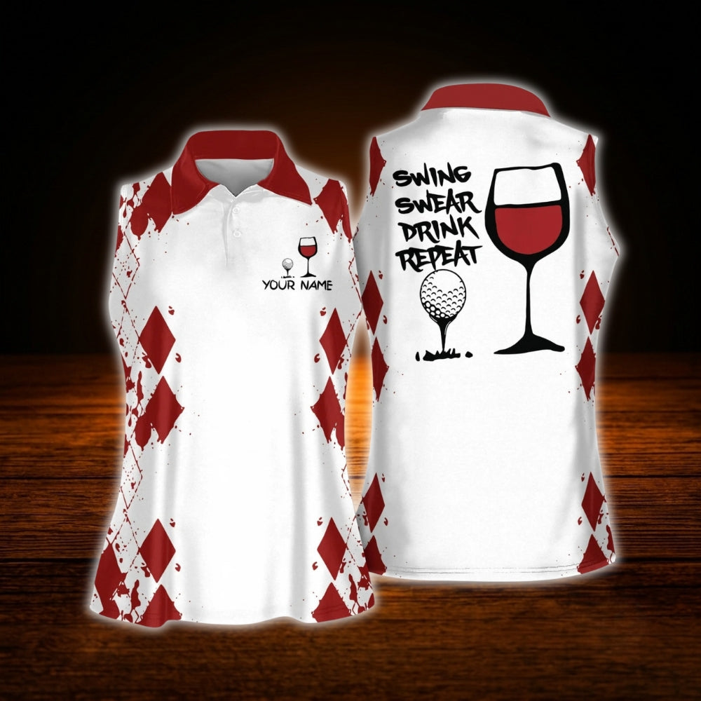 Personalized Swing Swear Drink Repeat Wine Women's Sleeveless Golf Shirts, Custom Funny Golf Shirts For Ladies